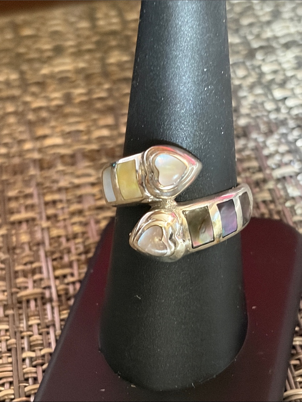 925 Silver  Heart Inlay Open Band Ring in Mother-of-Pearl abelone 7
